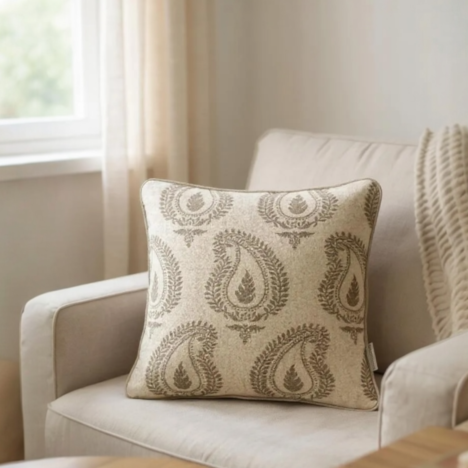 Beige Wool with Brown Paisley Print Cushion, Reversible - 45x45cm