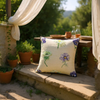 Large Flower Print on Beige Linen Cushion, Reversible - 60x60cm