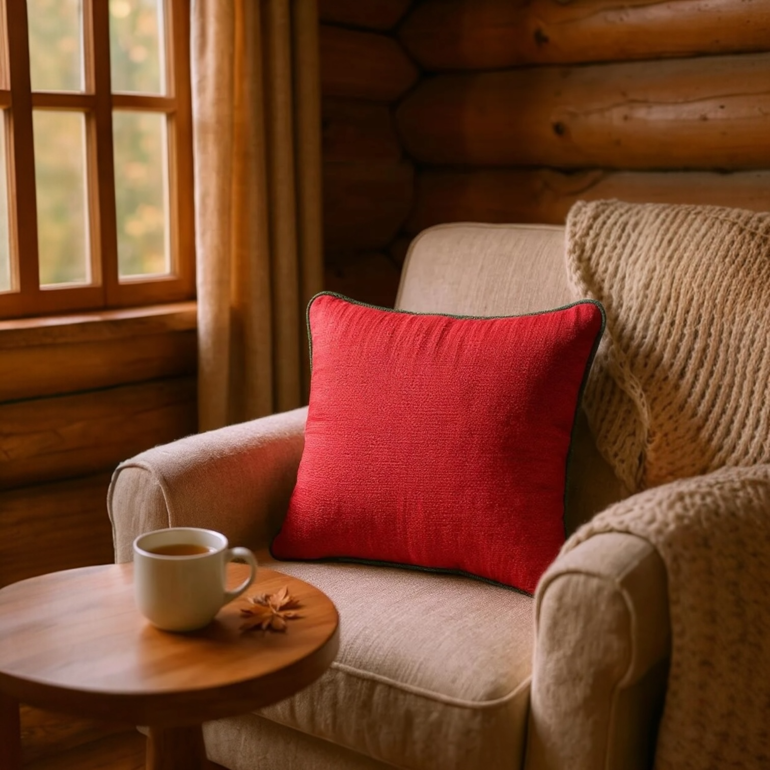 Textured Red Cushion Cover with Green Piping - 40x40cm