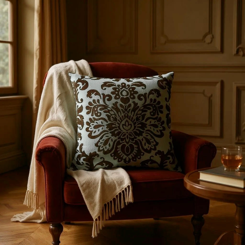 Brown Velvet Paisley Motif on Shot Green/Brown Silk Base Cushion - 50x50cm