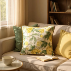 Yellow & Green Floral Printed Cushion, Reversible - 35x35cm