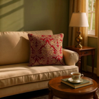 Luxurious jacquard woven cushion cover in red with gold paisley and gold twisted piping, 45x45cm.