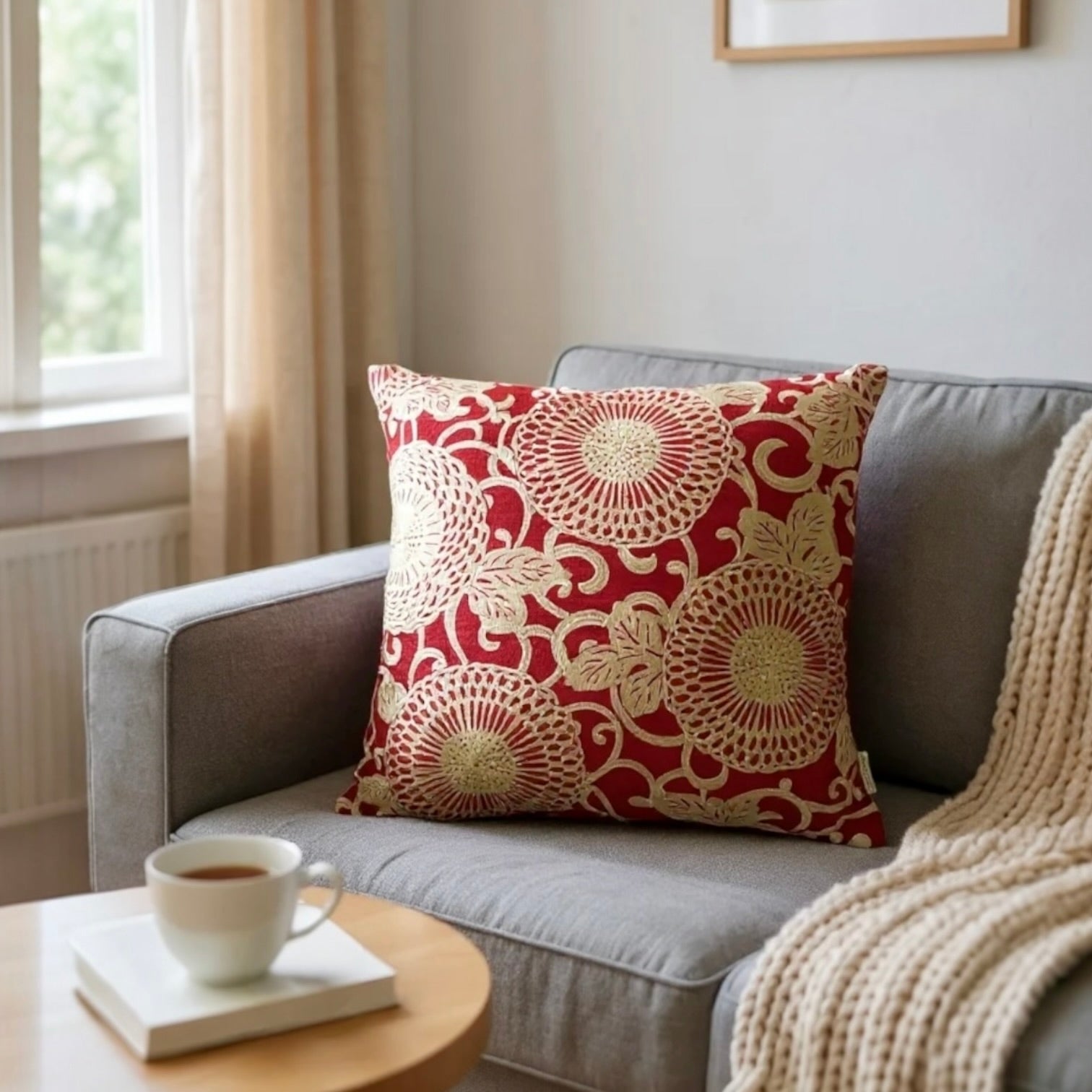 Large Red Linen Cushion with Cream/Gold Embroidery - 60x60cm
