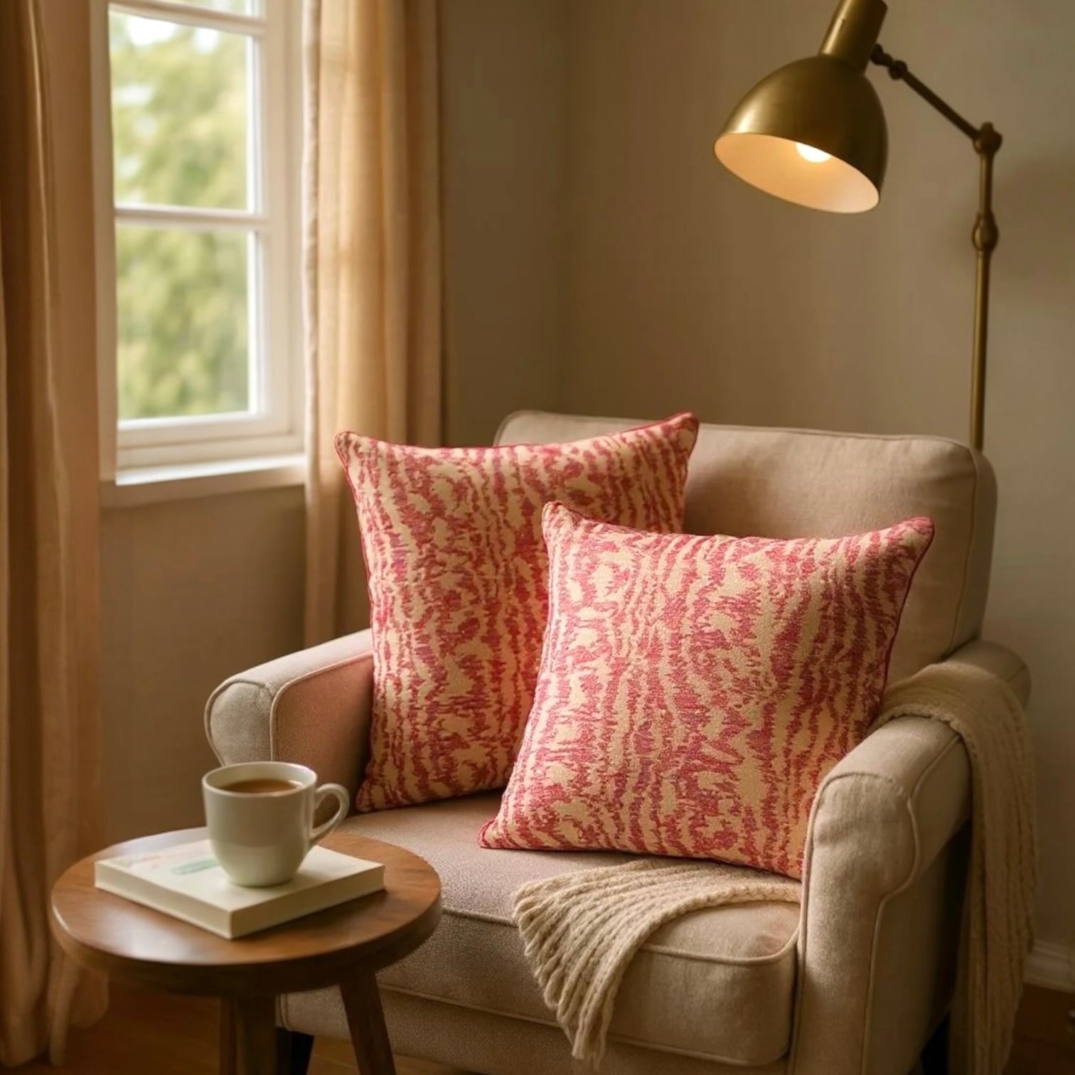 Pink & Beige Jacquard Cushion Cover, Reversible with Velvet Backing - 45x45cm