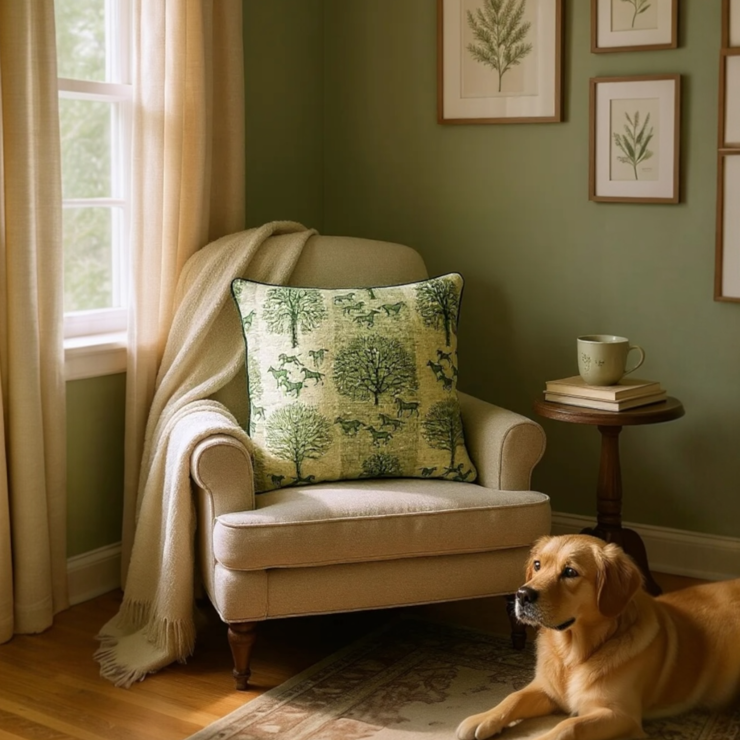 Striped Green Tree & Horse Print Cushion - 60x60cm