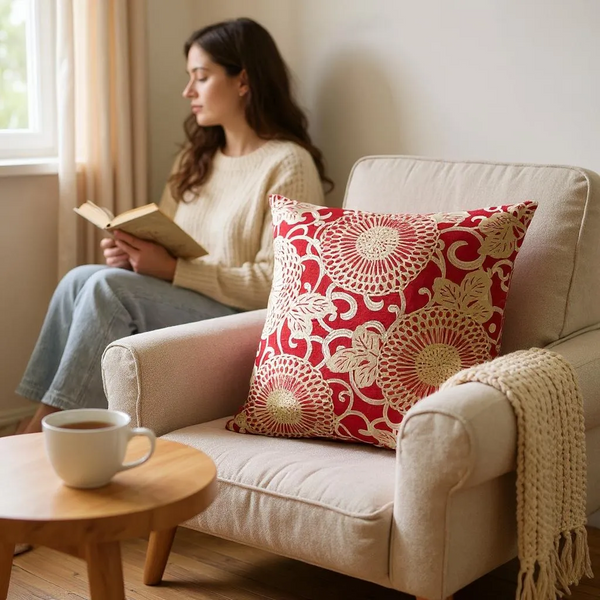 Large Red Linen Cushion with Cream/Gold Embroidery - 60x60cm