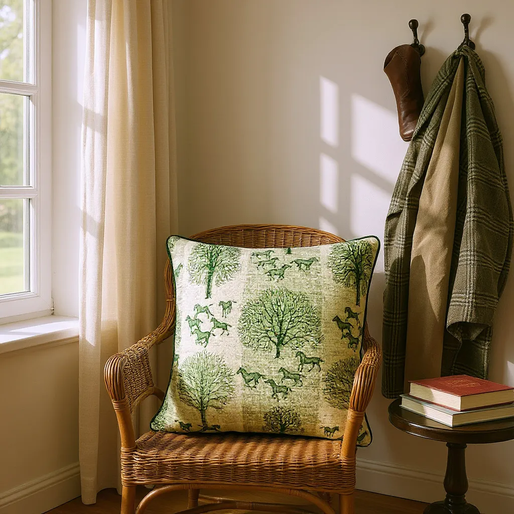 Striped Green Tree & Horse Print Cushion - 60x60cm