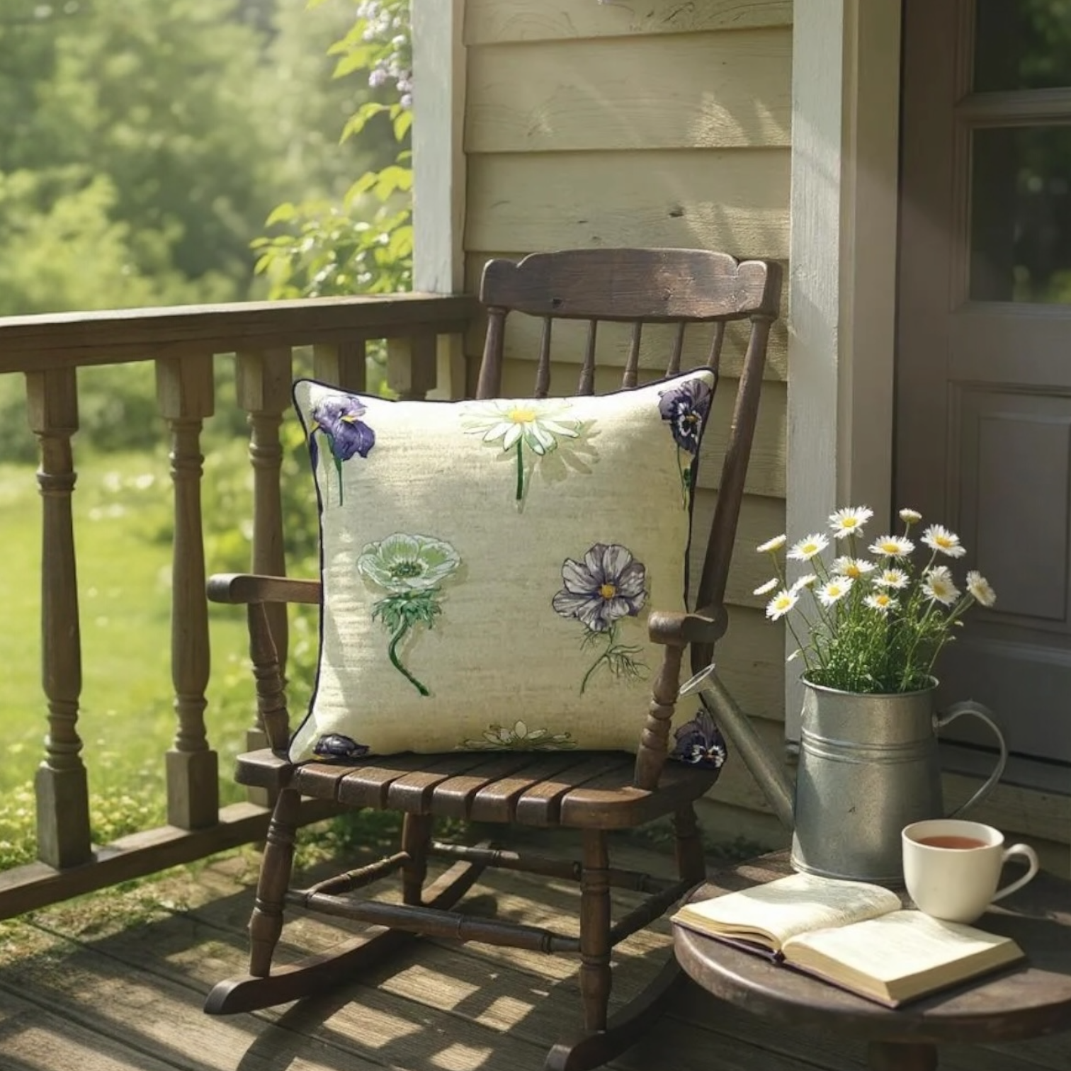 Large Flower Print on Beige Linen Cushion, Reversible - 60x60cm