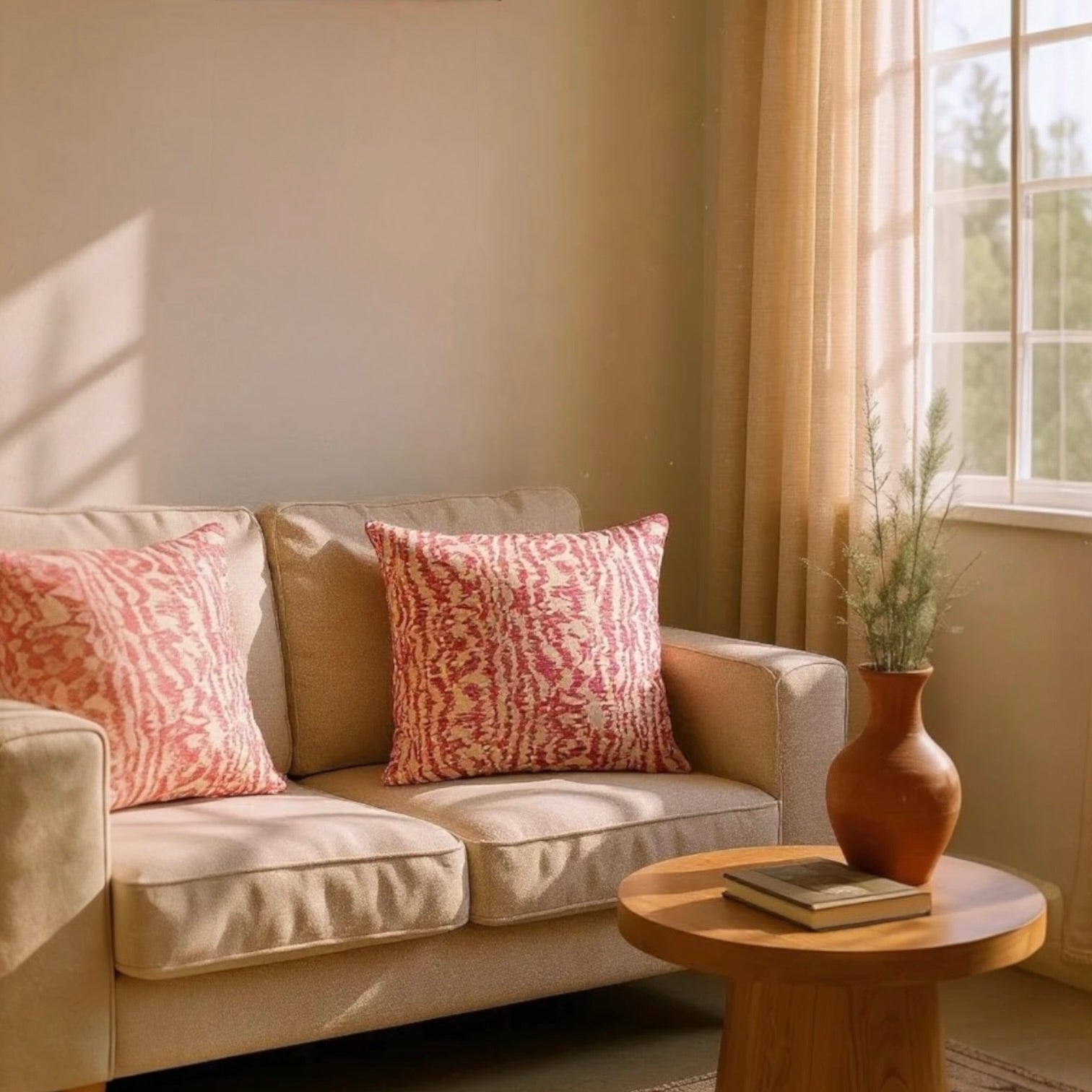 Pink & Beige Jacquard Cushion Cover, Reversible with Velvet Backing - 45x45cm