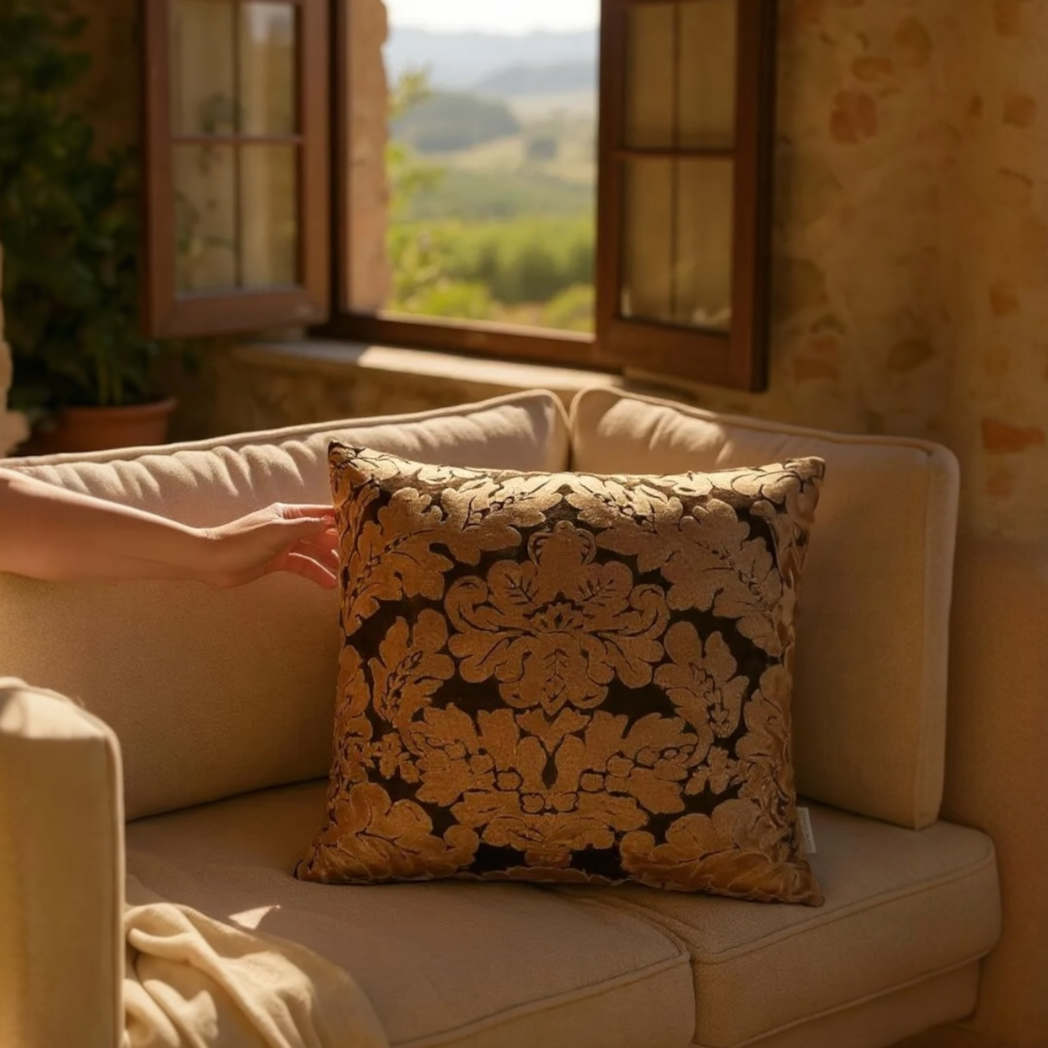 Brown Velvet & Gold Paisley Cushion Cover, 50x50cm