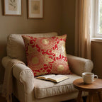 Large Red Linen Cushion with Cream/Gold Embroidery - 60x60cm
