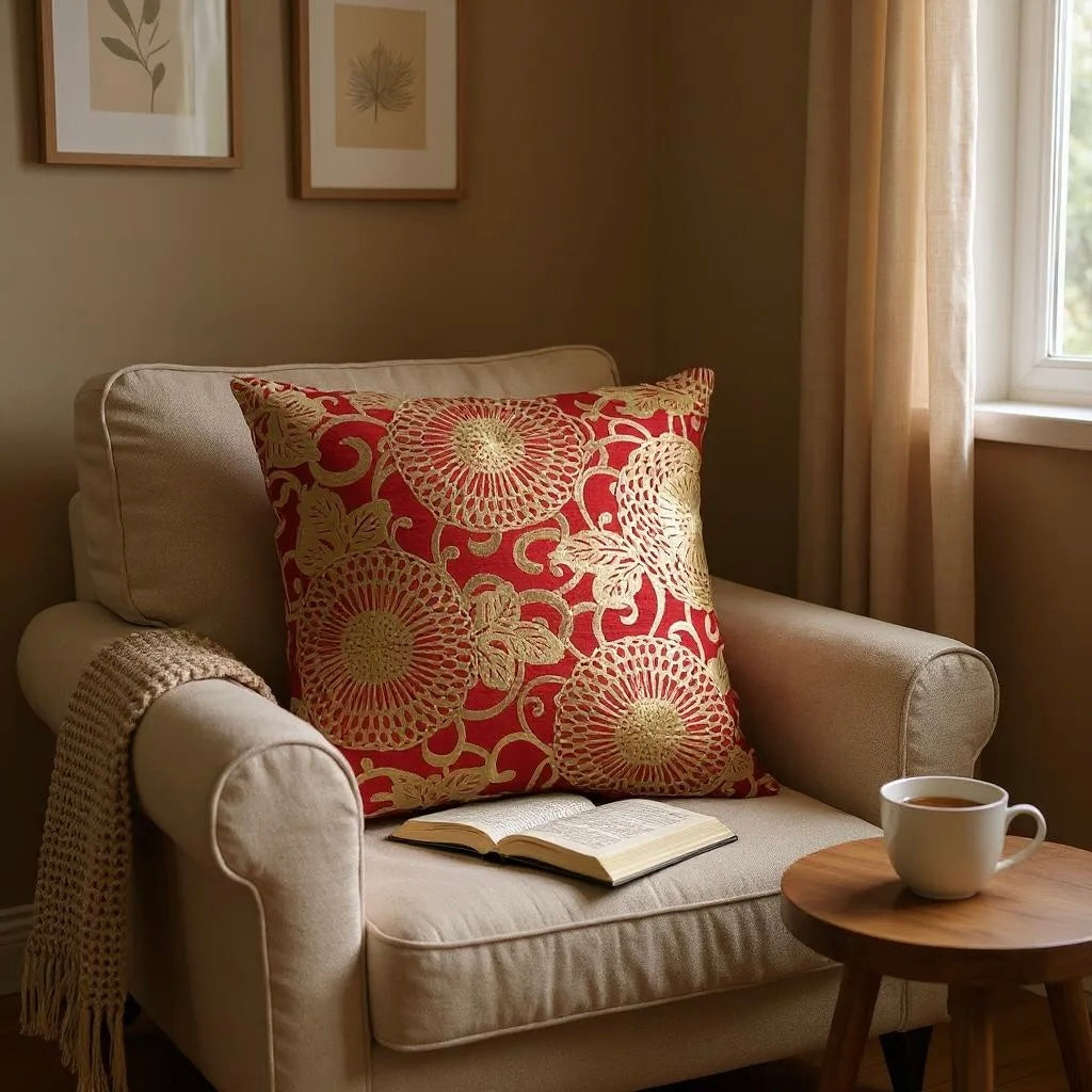 Large Red Linen Cushion with Cream/Gold Embroidery - 60x60cm
