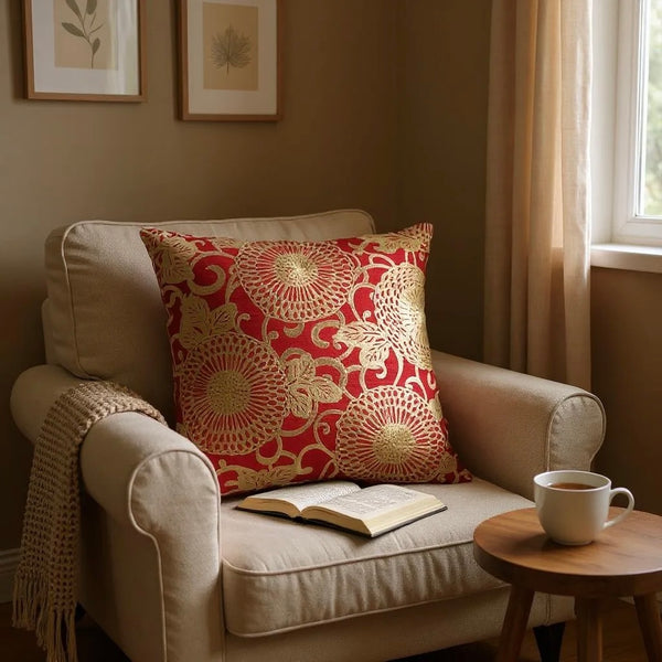 Large Red Linen Cushion with Cream/Gold Embroidery - 60x60cm