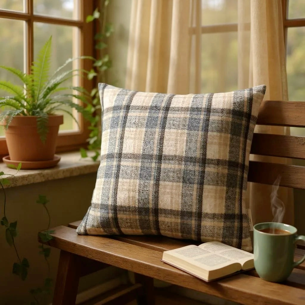 Brown, Beige & Blue Coloured Flannel Wool Checked Cushion Cover - 45x45cm