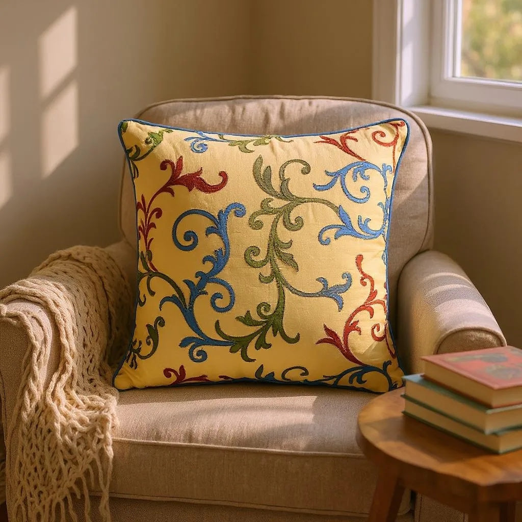 Golden Yellow 100% Silk Taffeta Multicoloured Embroidered Swirls Cushion - 60x60cm