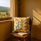 Golden Yellow 100% Silk Taffeta Multicoloured Embroidered Swirls Cushion - 60x60cm