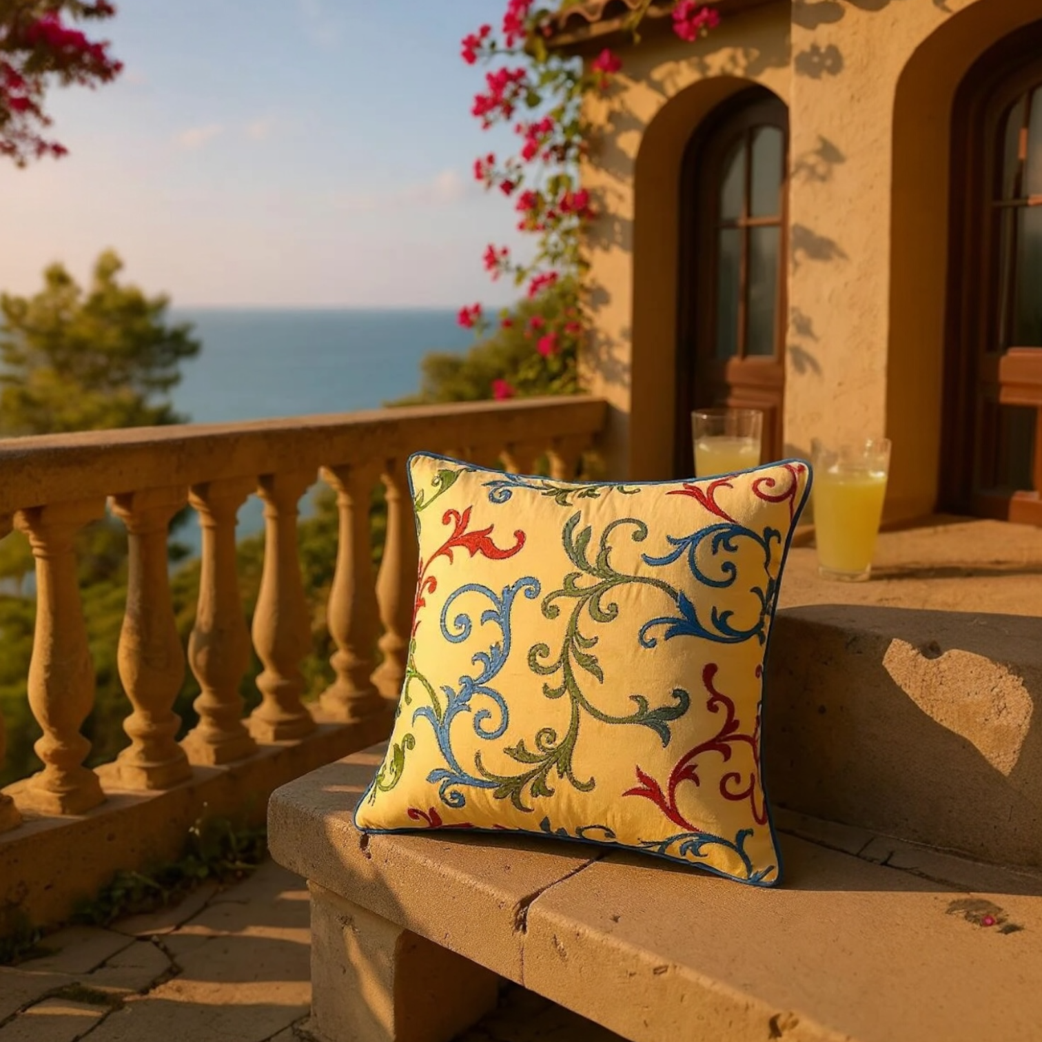 Golden Yellow 100% Silk Taffeta Multicoloured Embroidered Swirls Cushion - 60x60cm