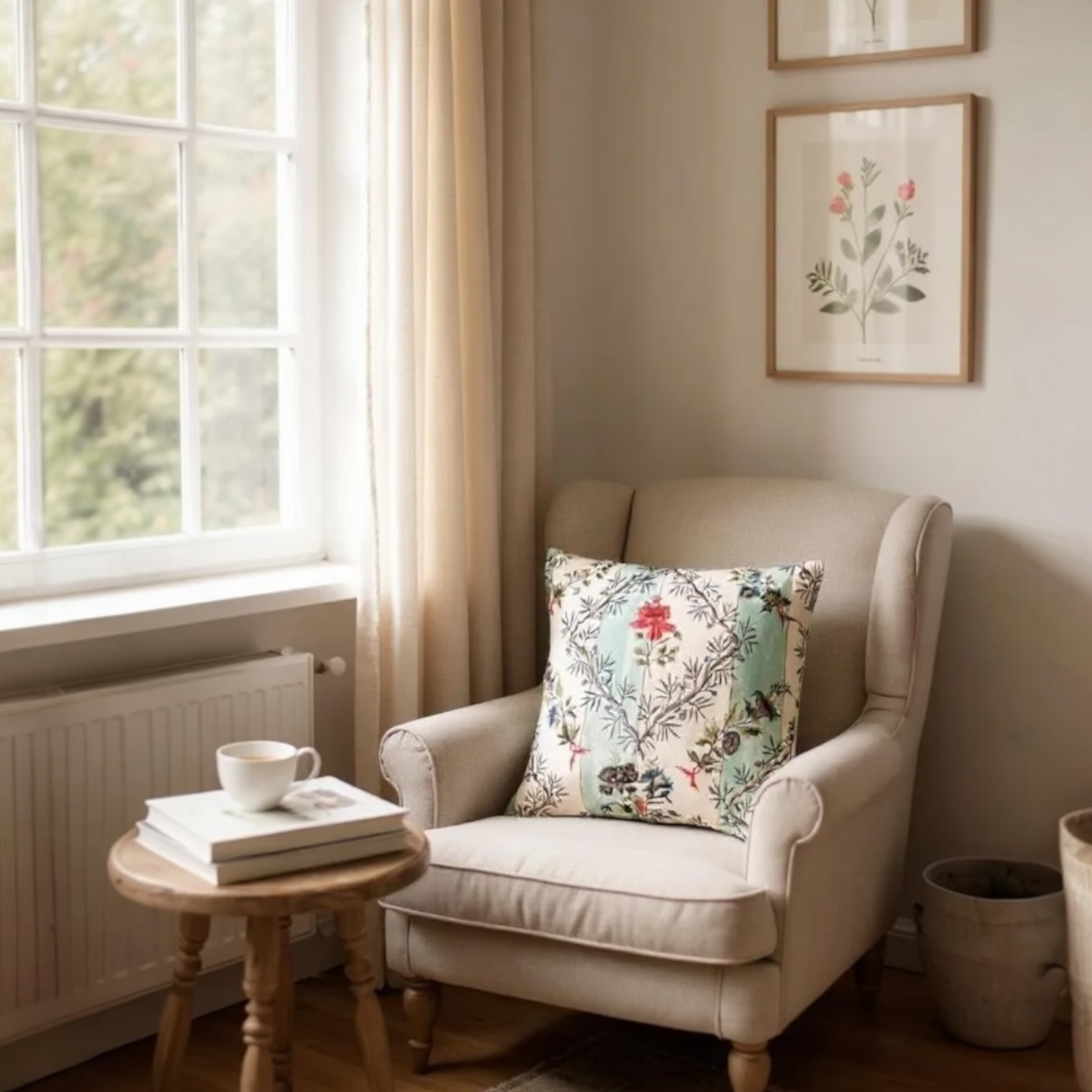Floral Embroidered Striped Linen Cushion, Reversible - 40x40cm