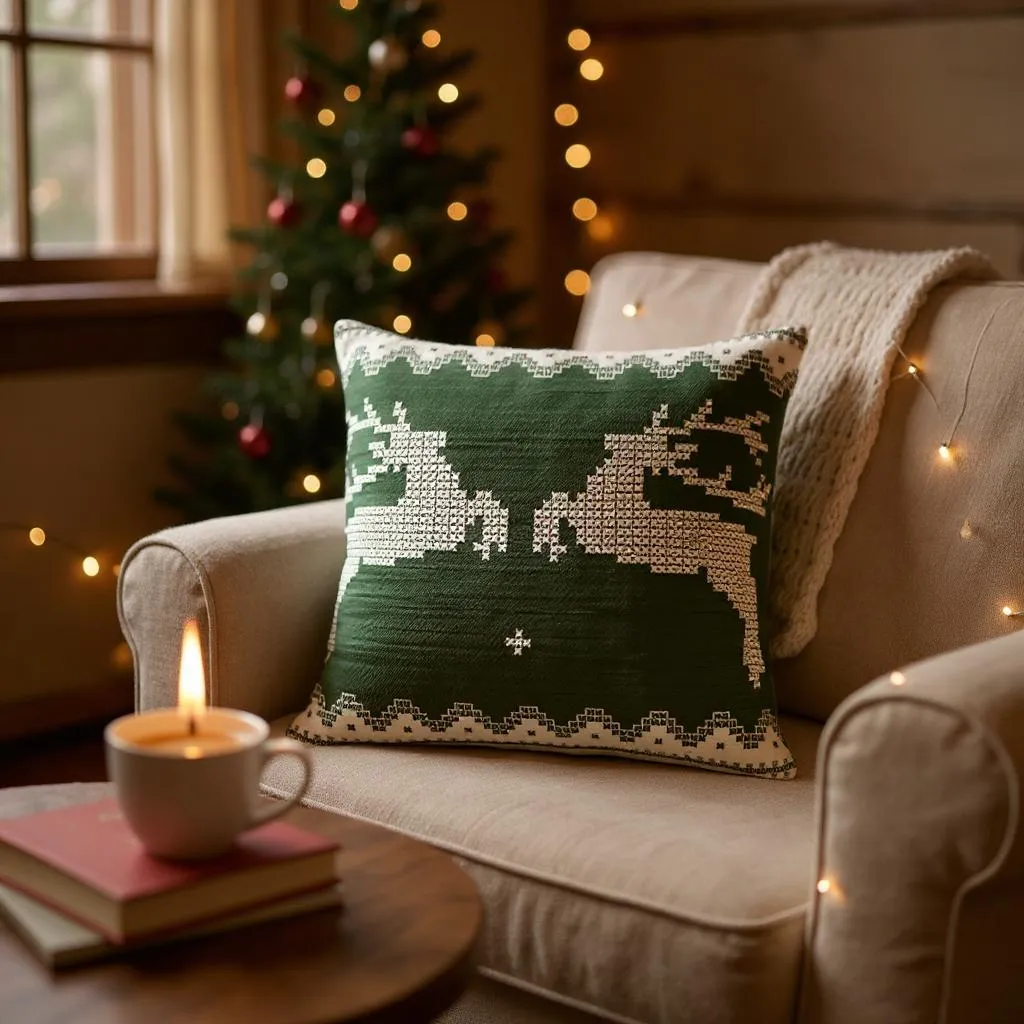 Green & Cream Deer Motif Cushion, Reversible - 35x35cm