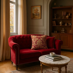 Luxurious jacquard woven cushion cover in red with gold paisley and gold twisted piping, 45x45cm.