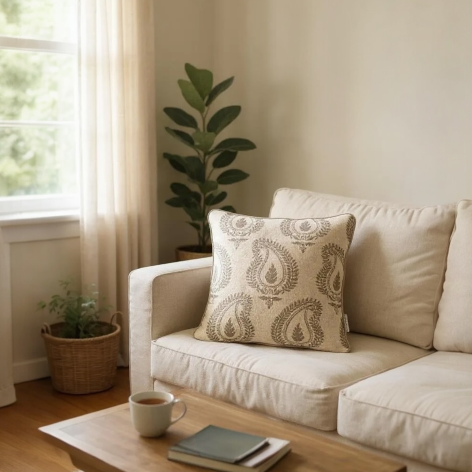 Beige Wool with Brown Paisley Print Cushion, Reversible - 45x45cm