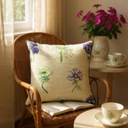 Large Flower Print on Beige Linen Cushion, Reversible - 60x60cm