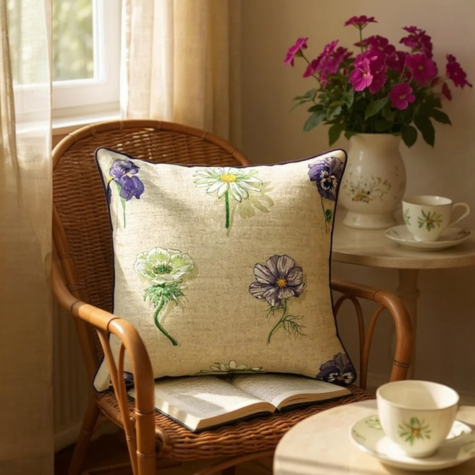 Large Flower Print on Beige Linen Cushion, Reversible - 60x60cm