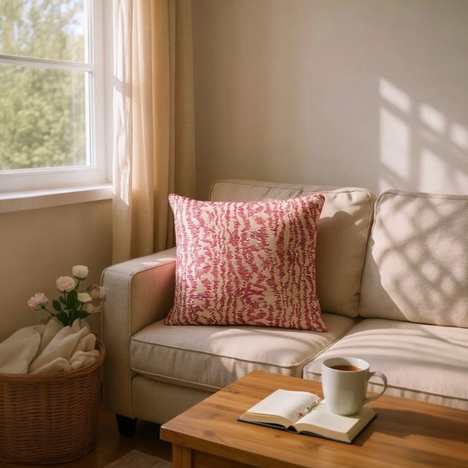 Pink & Beige Jacquard Cushion Cover, Reversible with Velvet Backing - 45x45cm