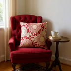 Large Red Linen Cushion with Cream/Gold Embroidery - 60x60cm