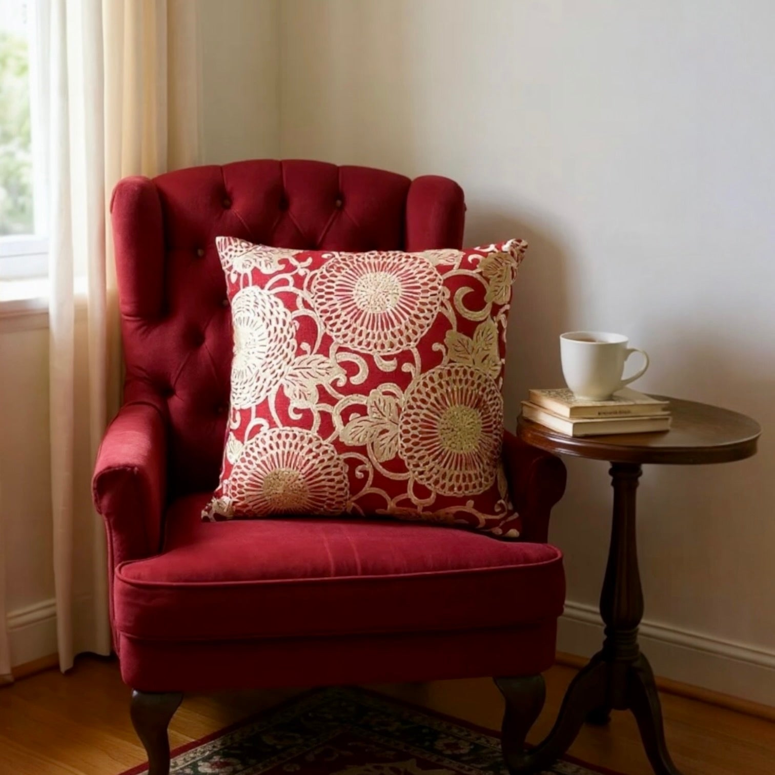 Large Red Linen Cushion with Cream/Gold Embroidery - 60x60cm