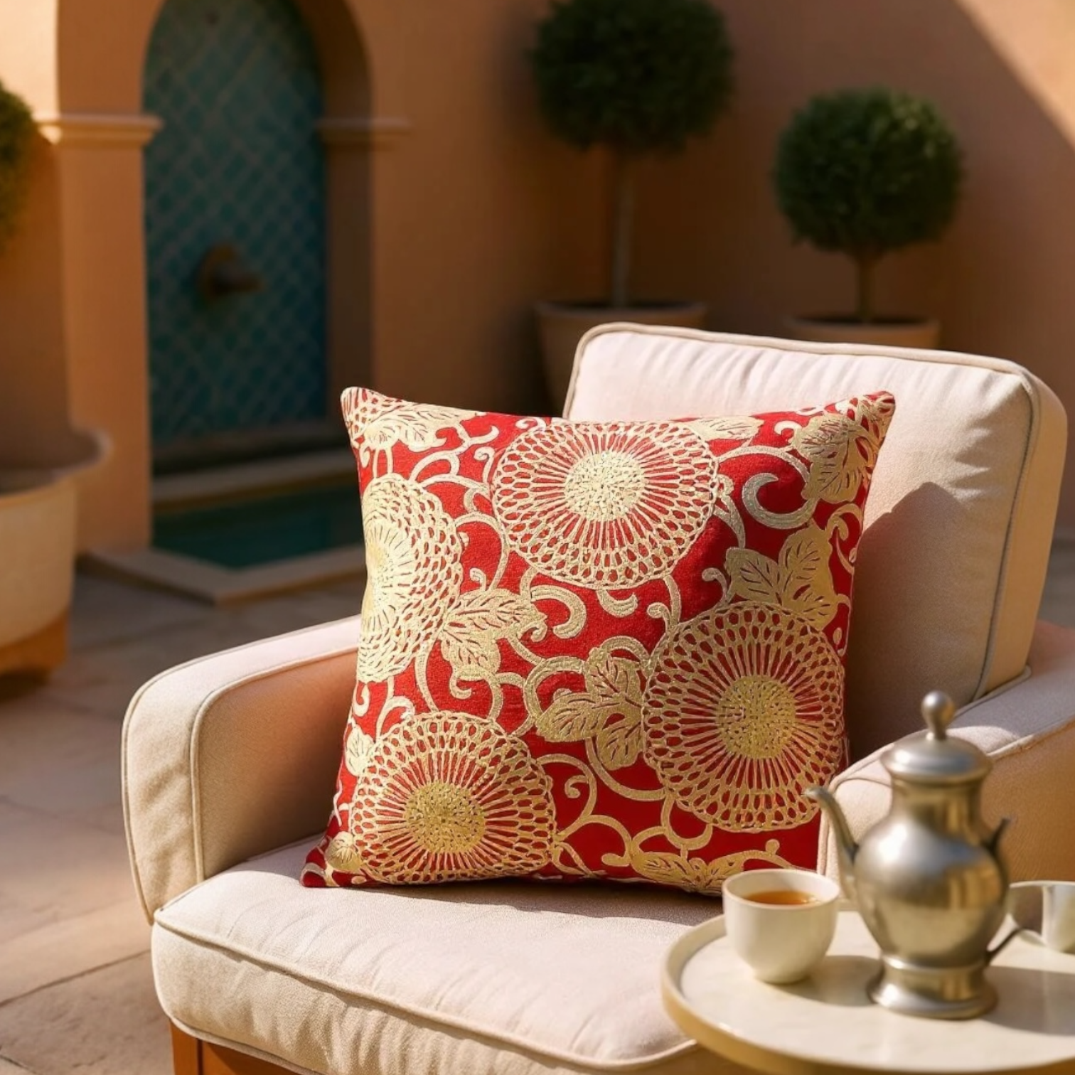 Large Red Linen Cushion with Cream/Gold Embroidery - 60x60cm