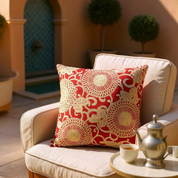 Large Red Linen Cushion with Cream/Gold Embroidery - 60x60cm