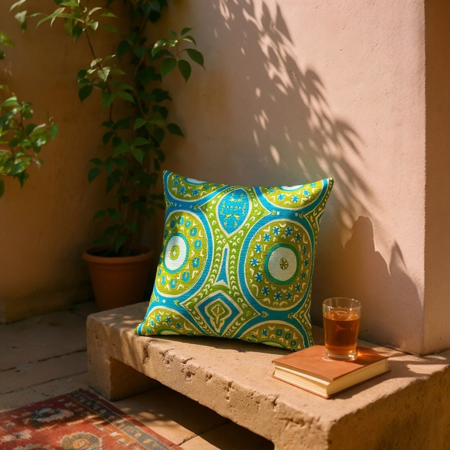 Large sustainable embroidered cushion with green and blue geometric design on linen, reversible wool back, 65x65cm floor cushion.