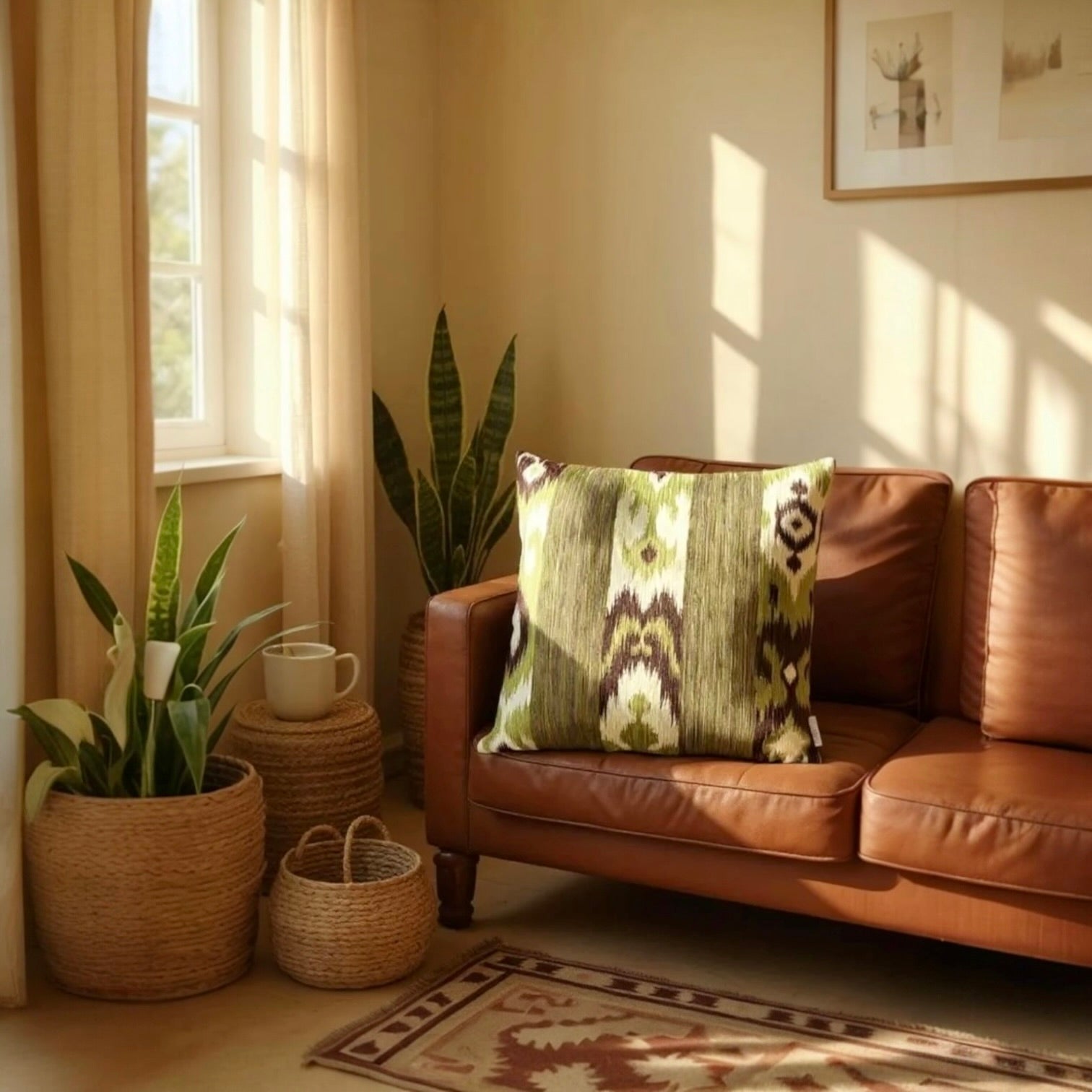 Large Brown & Green Striped Kilim Cushion - 60x60cm