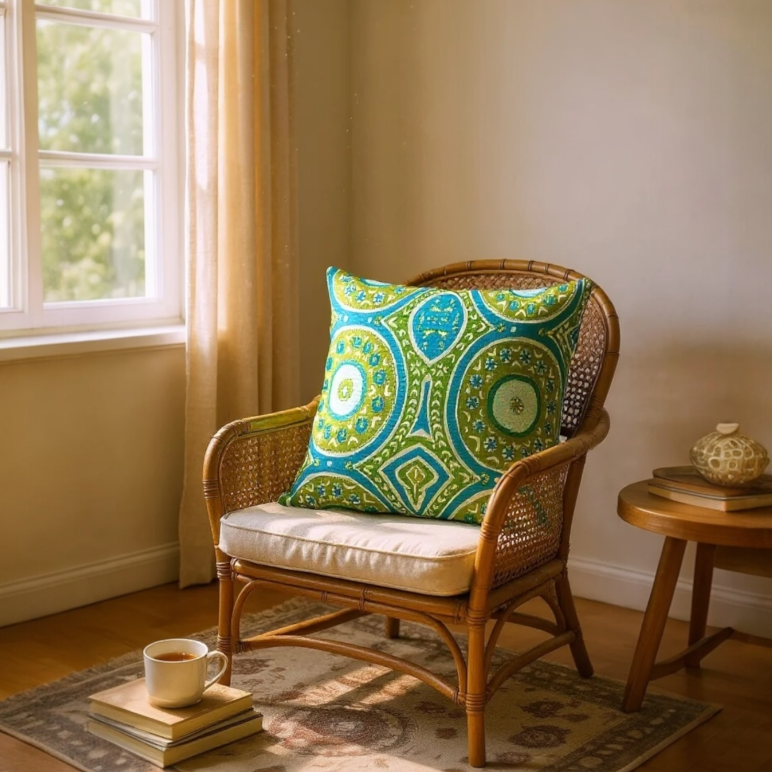 Large sustainable embroidered cushion with green and blue geometric design on linen, reversible wool back, 65x65cm floor cushion.