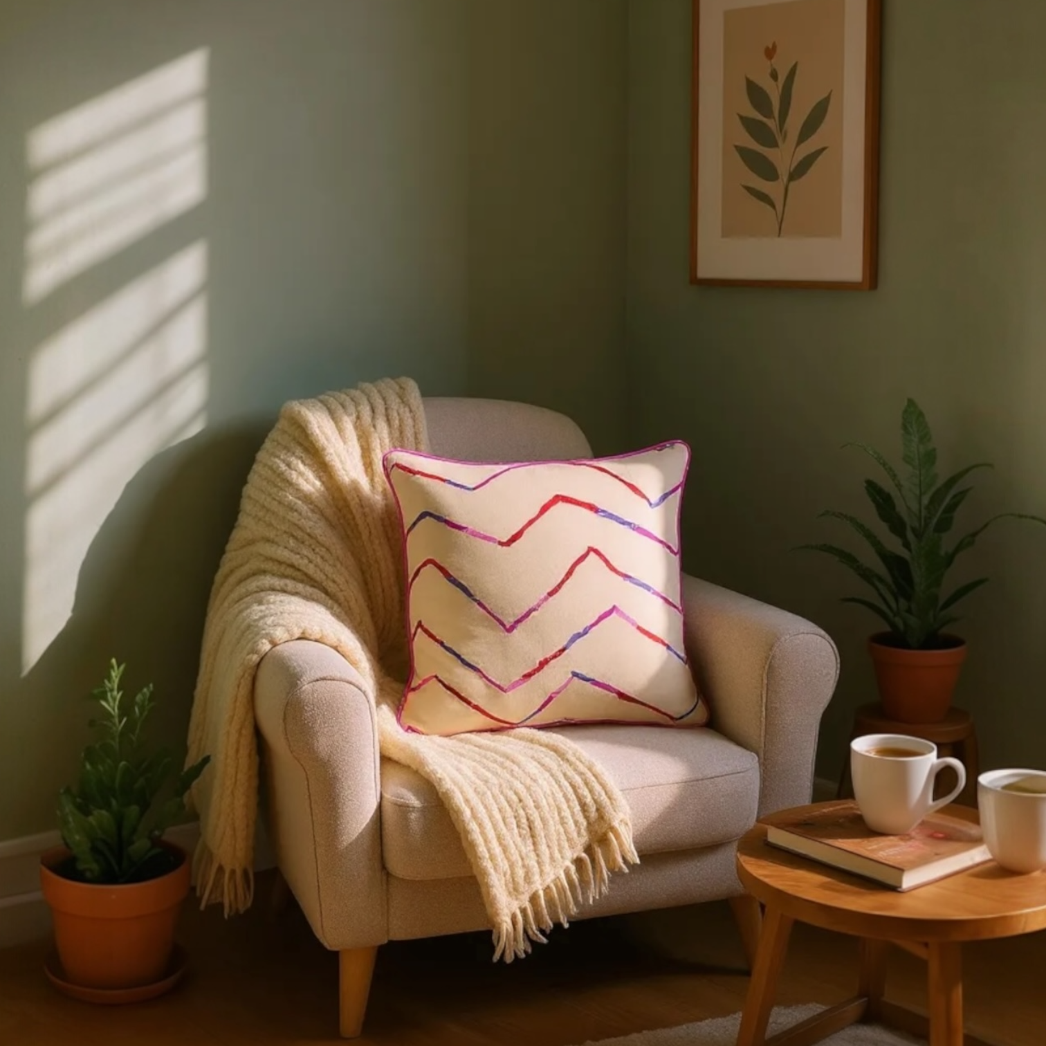 Luxury Beige Cotton Cushion with Pink, Red & Purple Zig Zag Embroidery – Reversible with Silk Backing - 45x45cm