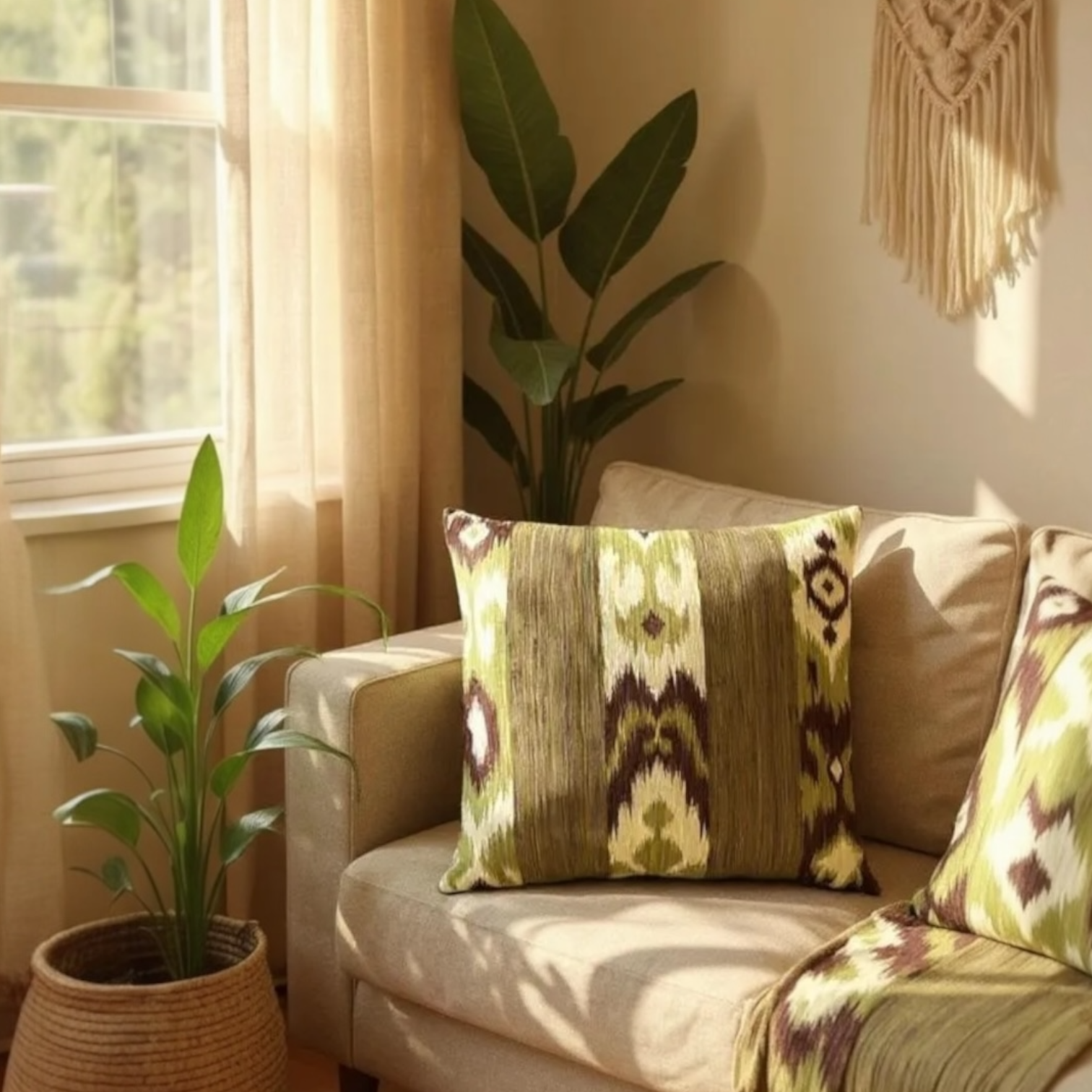 Large Brown & Green Striped Kilim Cushion - 60x60cm
