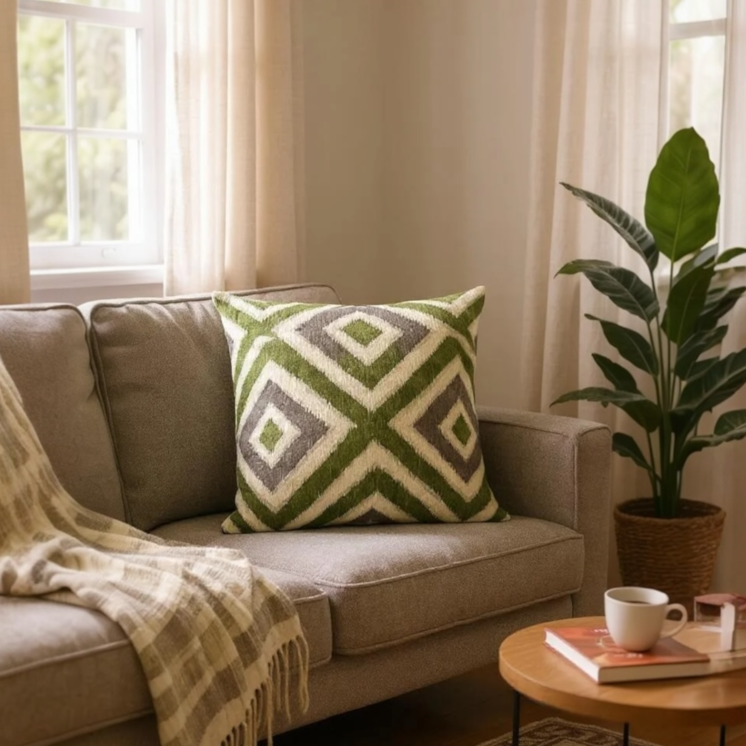 Green, Beige & Brown Velvet Kilim Cushion, Reversible - 60x60cm