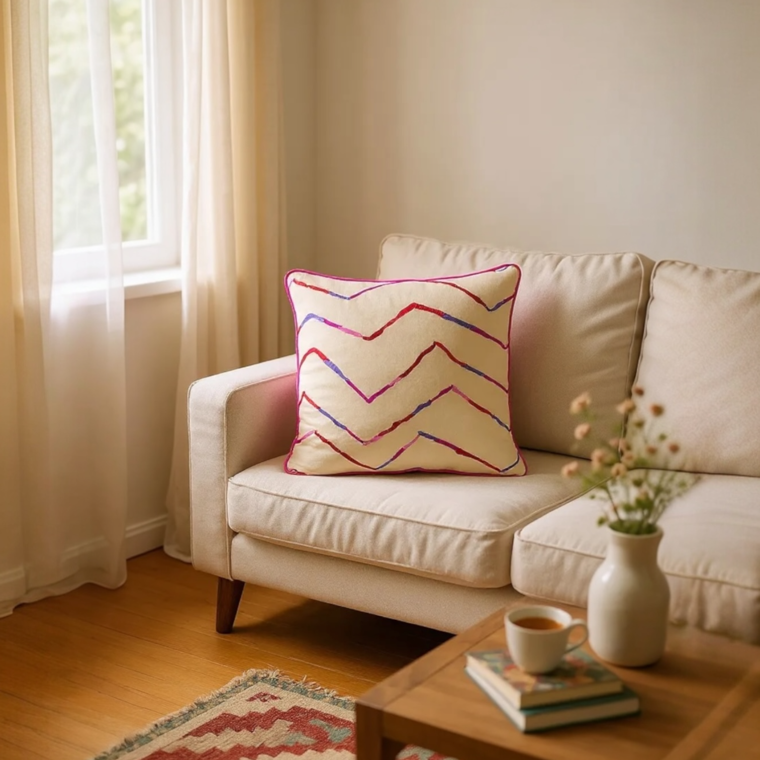 Luxury Beige Cotton Cushion with Pink, Red & Purple Zig Zag Embroidery – Reversible with Silk Backing - 45x45cm