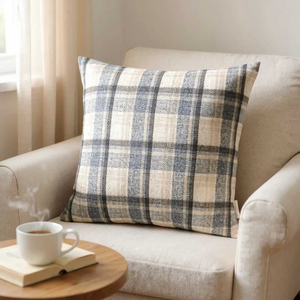 Brown, Beige & Blue Coloured Flannel Wool Checked Cushion Cover - 45x45cm