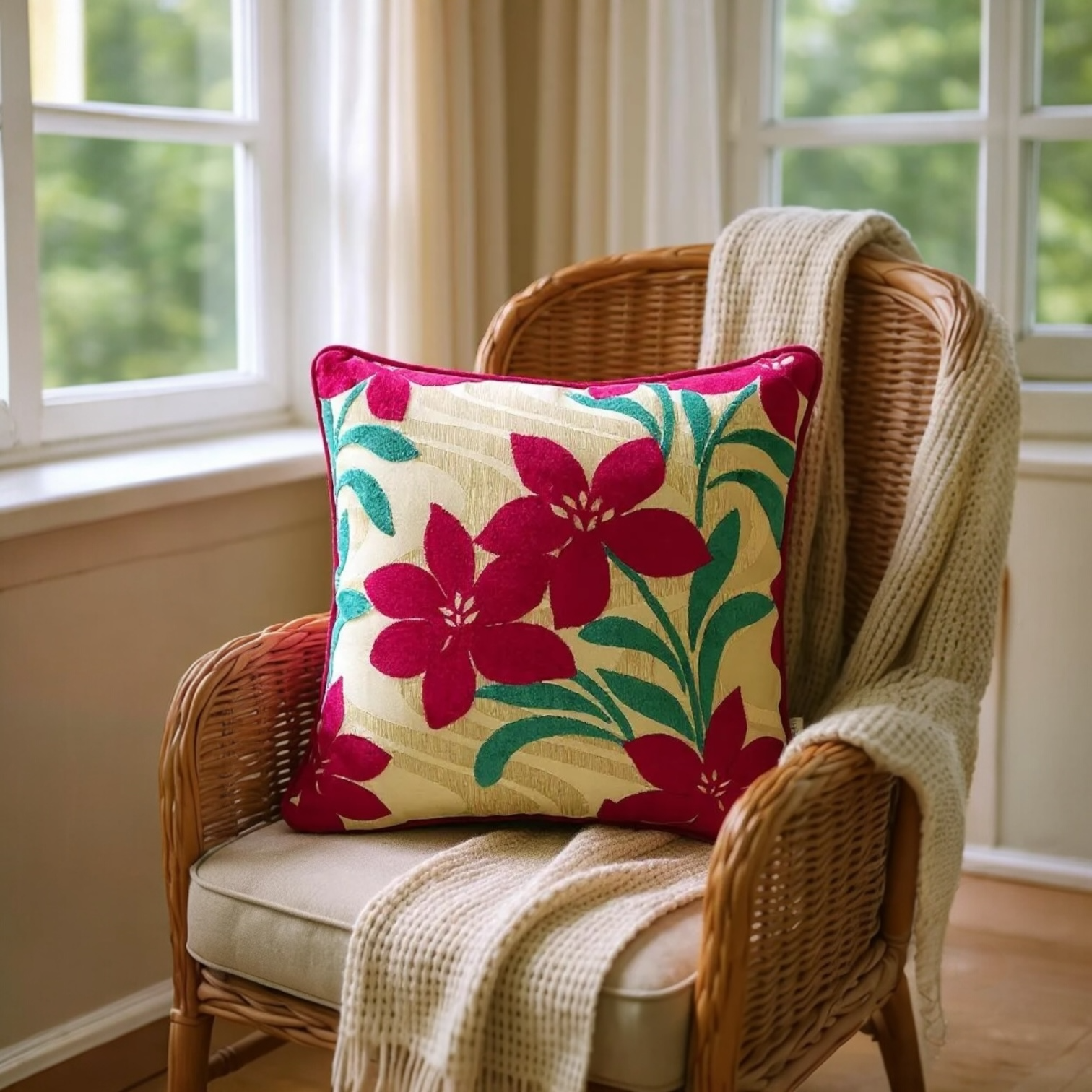 Red Velvet Devoré Flower on Gold Jacquard Cushion Cover, Reversible - 50x50cm
