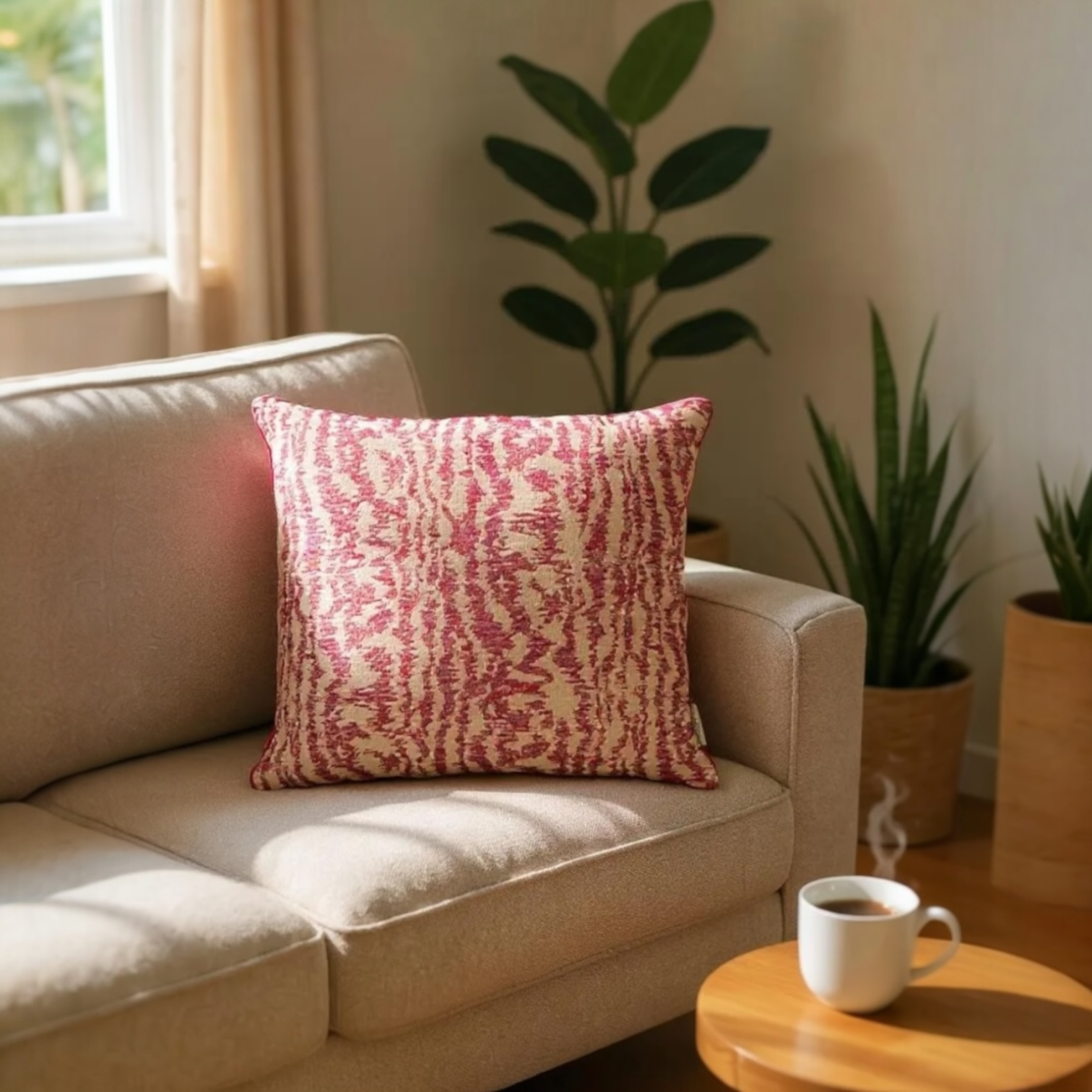 Pink & Beige Jacquard Cushion Cover, Reversible with Velvet Backing - 45x45cm