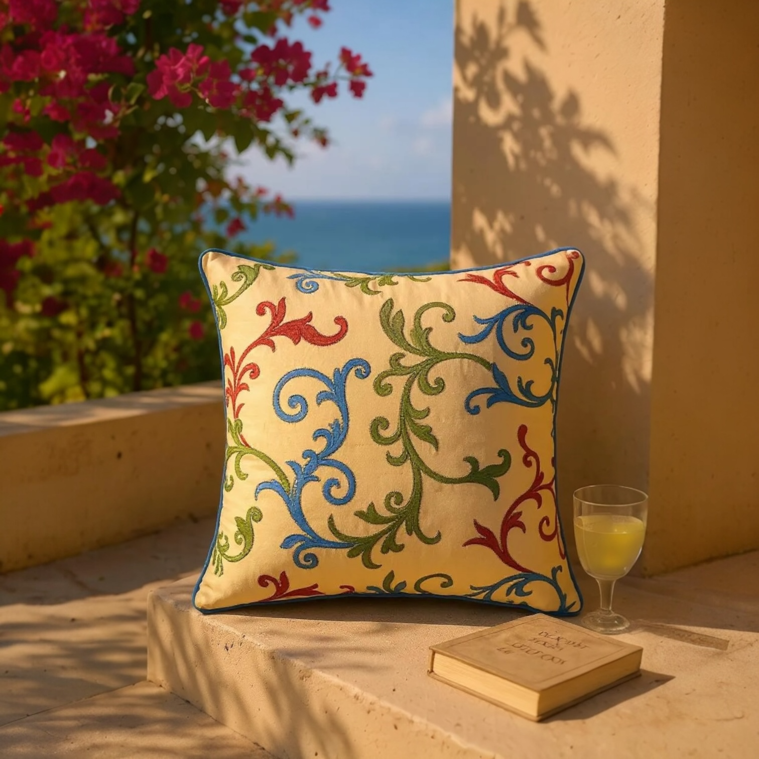 Golden Yellow 100% Silk Taffeta Multicoloured Embroidered Swirls Cushion - 60x60cm