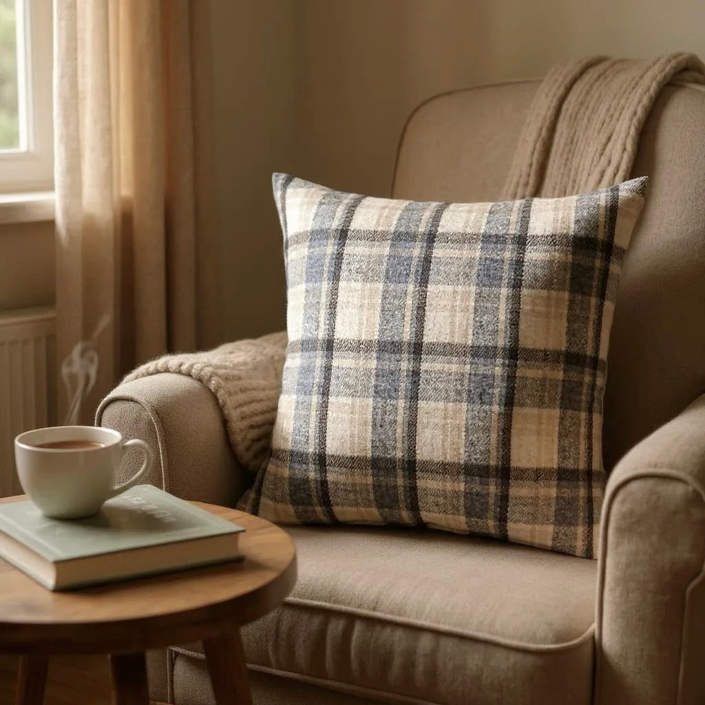 Brown, Beige & Blue Coloured Flannel Wool Checked Cushion Cover - 45x45cm