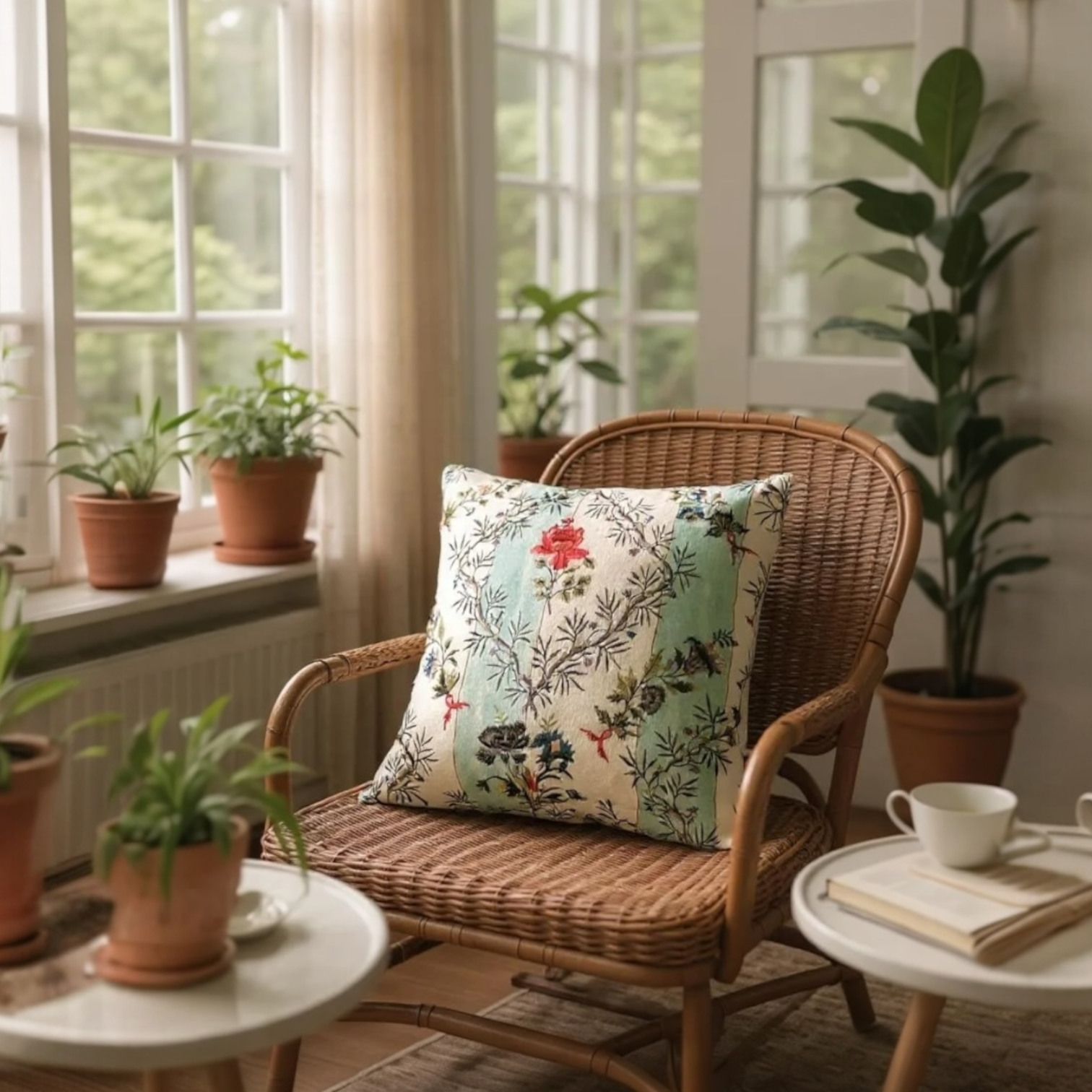 Floral Embroidered Striped Linen Cushion, Reversible - 40x40cm