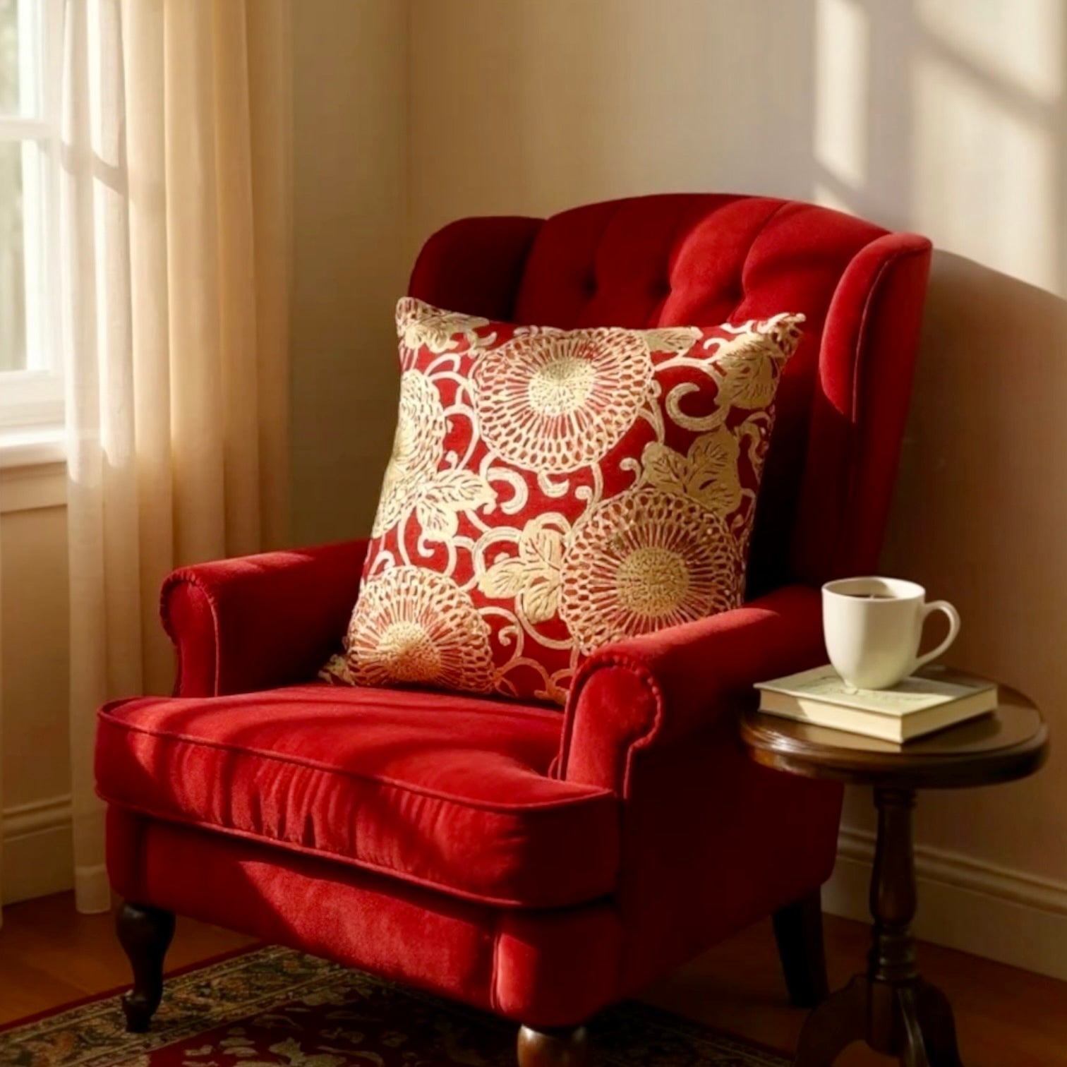 Large Red Linen Cushion with Cream/Gold Embroidery - 60x60cm