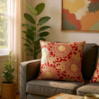 Large Red Linen Cushion with Cream/Gold Embroidery - 60x60cm