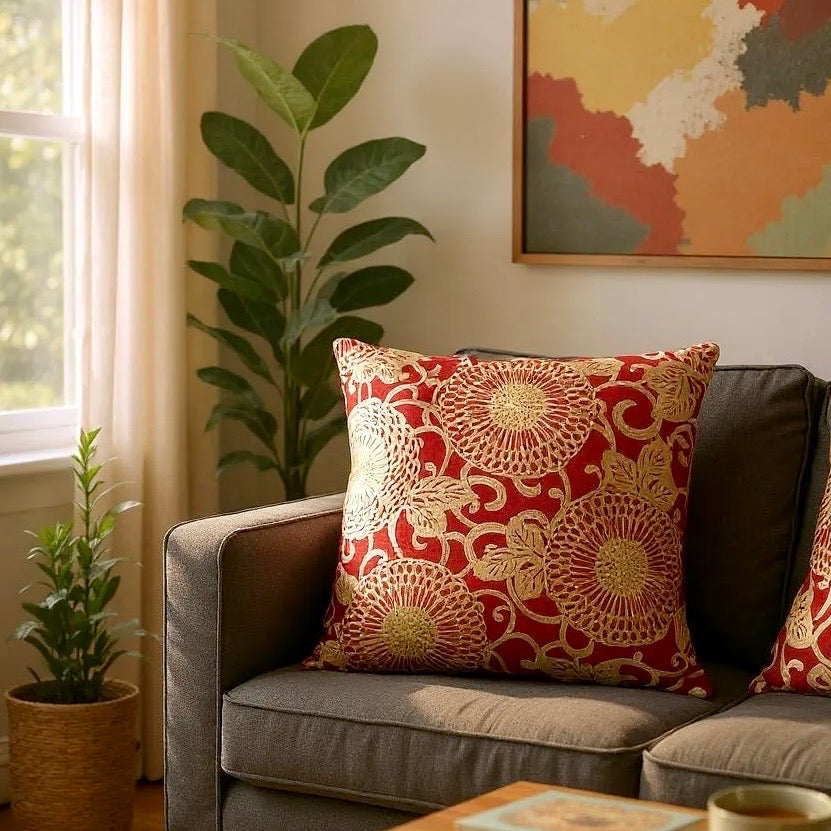 Large Red Linen Cushion with Cream/Gold Embroidery - 60x60cm