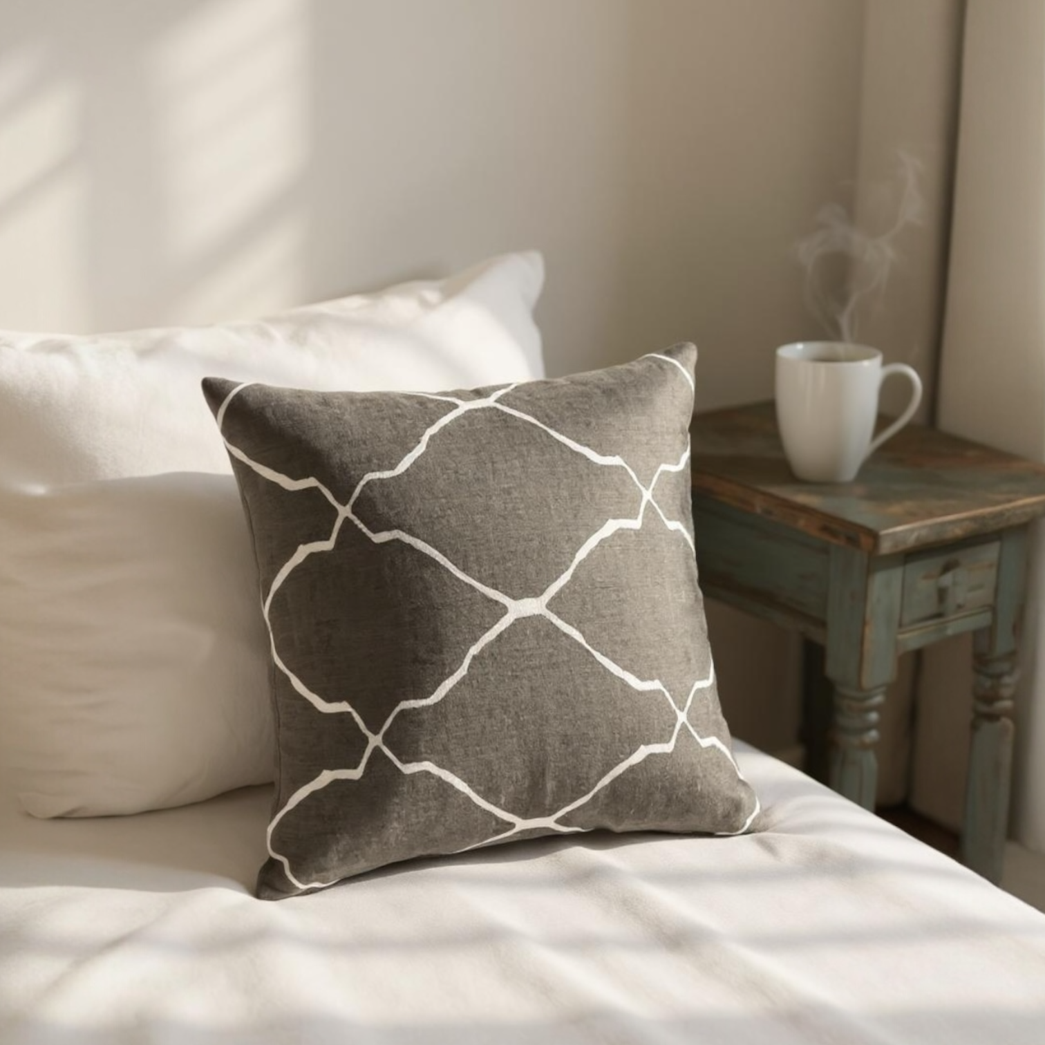 Grey & White Velvet Kilim Style Cushion, Reversible - 50x50cm