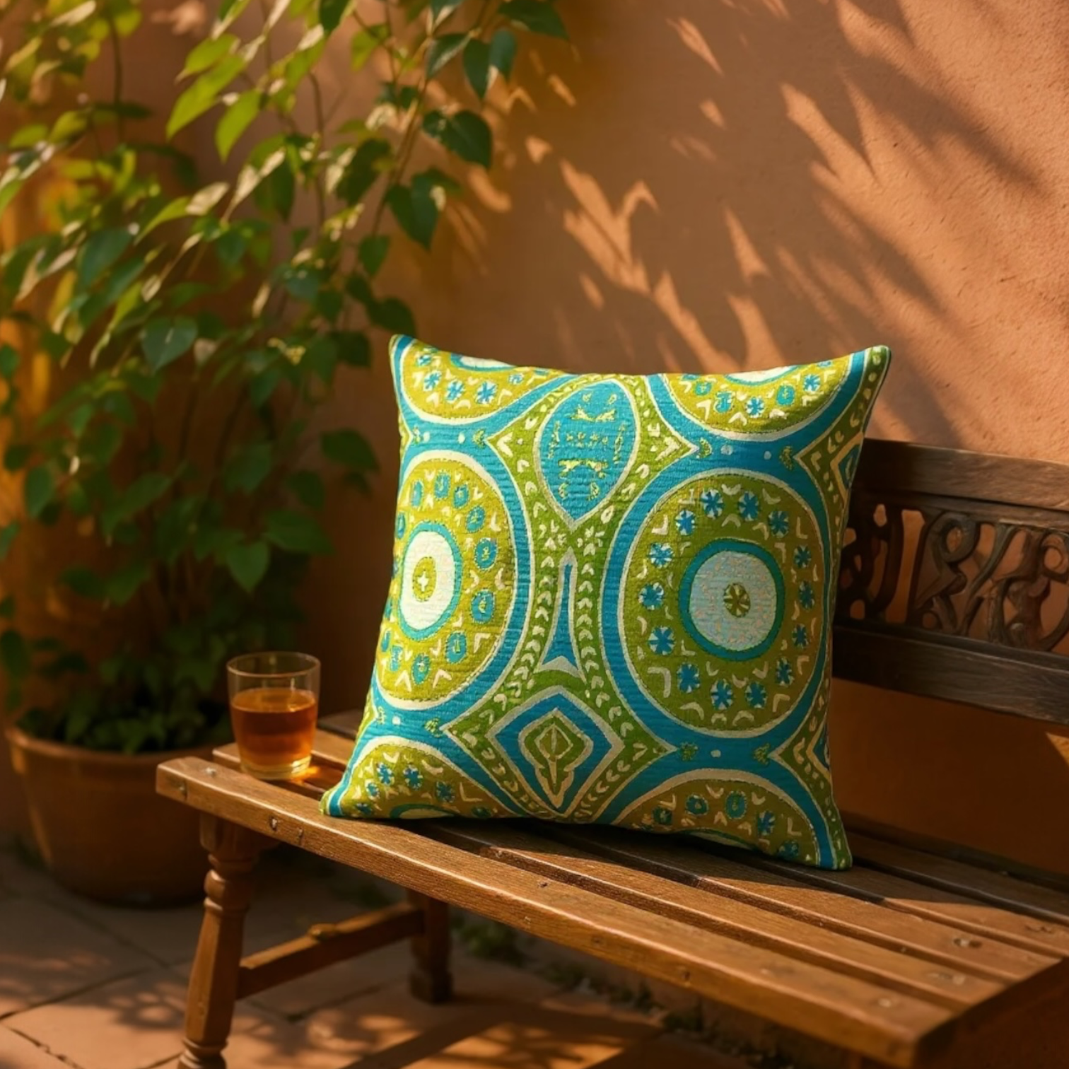 Large sustainable embroidered cushion with green and blue geometric design on linen, reversible wool back, 65x65cm floor cushion.